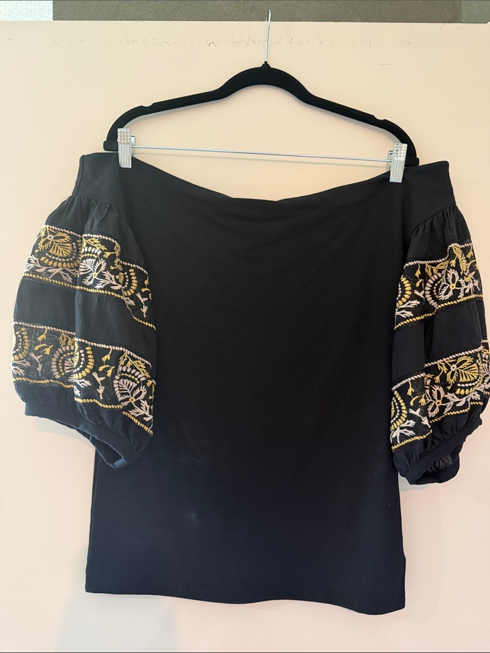 Free People Black Off-Shoulder Top with Embroidered Puff Sleeves